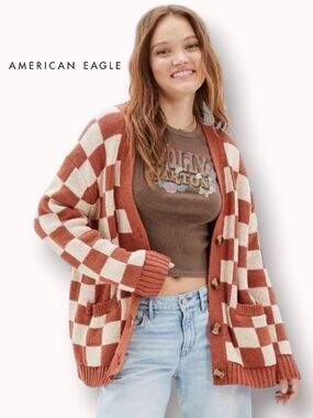 Aerie oversized checkered knit cardigan